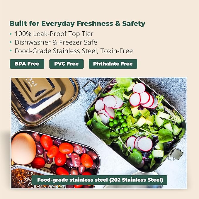 ecozoi Leak Proof Stainless Steel Lunch Box, 3-in-1 Eco Bento Box | Redesigned Silicone Seal + Bonus Lunch Pod | Sustainable Tiffin Eco Friendly Metal Bento Box Food Storage Containers