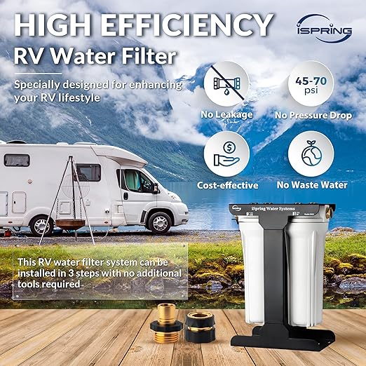 iSpring CW21 2-Stage Water Filtration System for RVs, Leak-Free Brass Fittings, Reduces Odor, Color, Chlorine, Sediment for RVs, Tankless, High Capacity, BPA Free