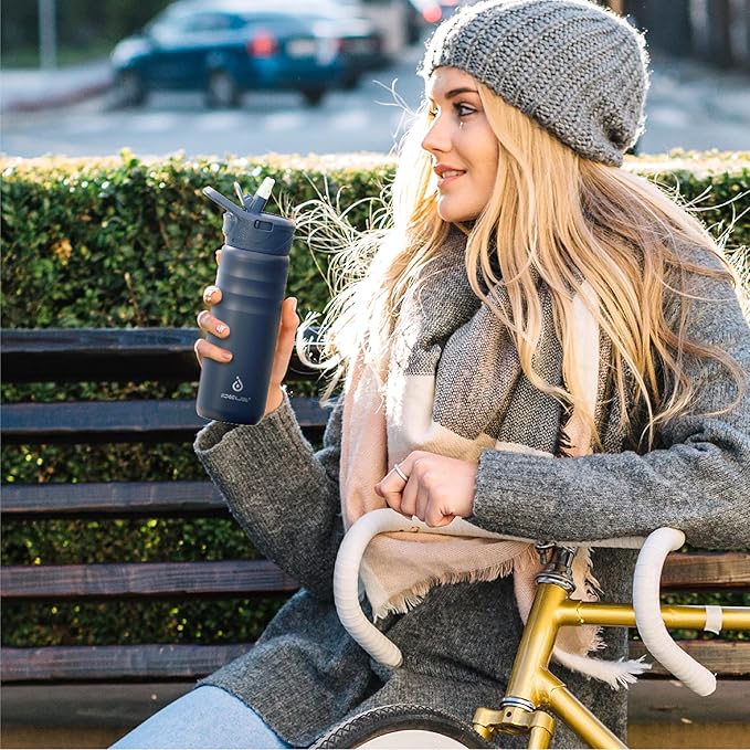 IDEUS Insulated Stainless Steel Water Bottle with 2 Leak-Proof Lids, Thermal Water Flask for Hiking Biking, 24oz, Navy Blue