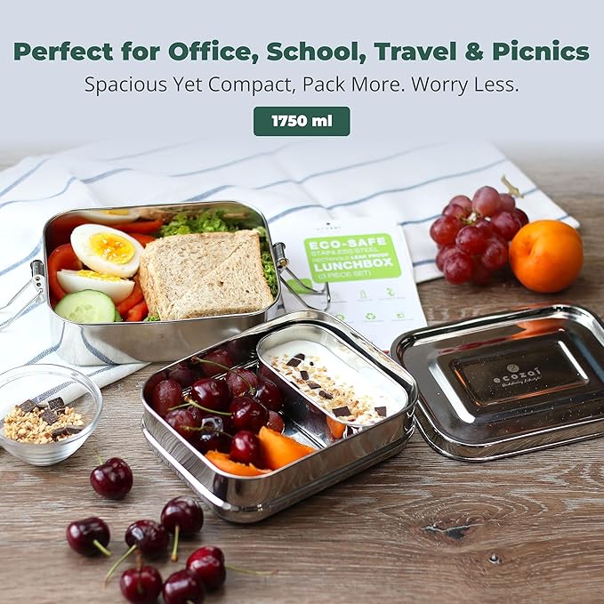 ecozoi Leak Proof Stainless Steel Lunch Box, 3-in-1 Eco Bento Box | Redesigned Silicone Seal + Bonus Lunch Pod | Sustainable Tiffin Eco Friendly Metal Bento Box Food Storage Containers