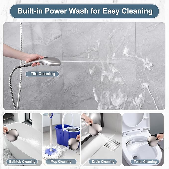 BRIGHT SHOWERS High Pressure Shower Head with Handheld, 9 Spray Settings Showerhead Built in Power Wash to Clean Tub and Pets, Extra Long 69" Hose, Adjustable Bracket, Brushed Nickel - AquaVibe