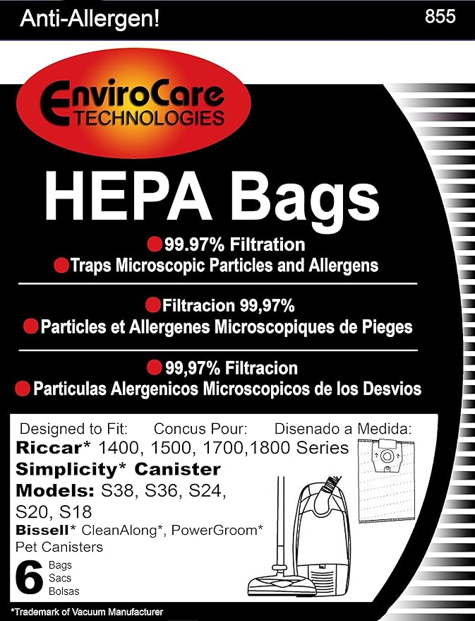 EnviroCare Replacement HEPA Filtration Vacuum Cleaner Bags made to fit Riccar 1400, 1500, 1700, 1800 Series and Simplicity S38, S36, S24, S20 and S18 Canisters 6 pack - AquaVibe
