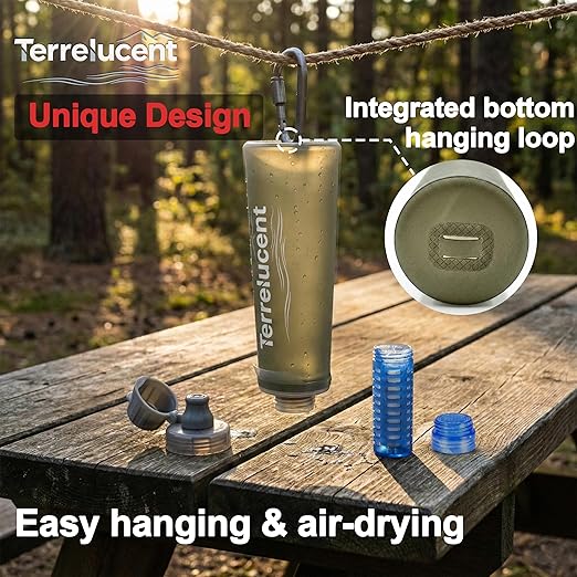 33.8 oz Collapsible Water Bottle with Filter, Squeeze Filtered Water Bottle, BPA-Free, Dual Filtration, Ultralight Water Filter System for Hiking, Camping, Backpacking (Gray, 33.8 OZ)