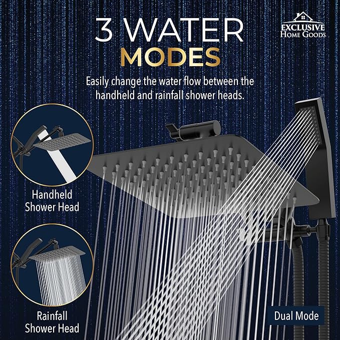 All Metal Shower Head 8" Dual Square Shower Head With Handheld Wand 71in Hose Set, High Pressure Rain Shower Heads Combo, 3-Way Diverter Rainfall Showerhead with Adjustable Extension Arm