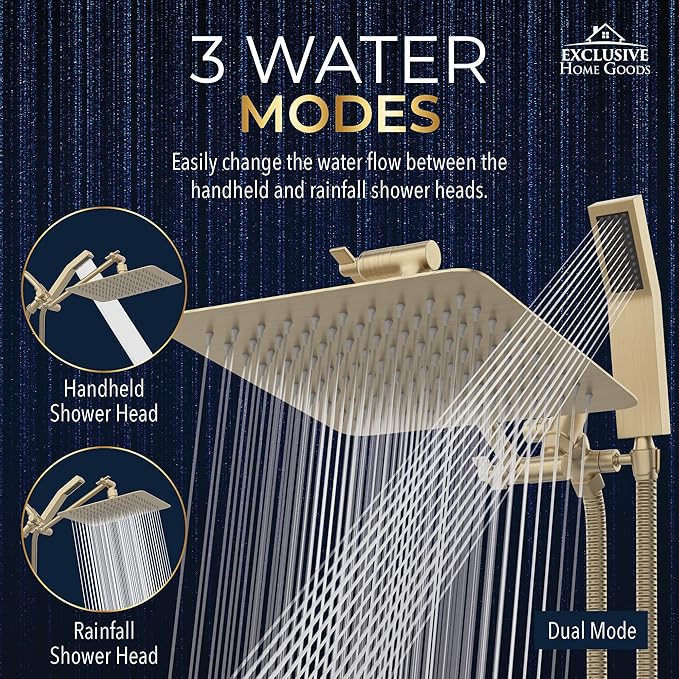 All Metal Shower Head 8" Dual Square Shower Head With Handheld Wand 71in Hose Set, High Pressure Rain Shower Heads Combo, 3-Way Diverter Rainfall Showerhead with Adjustable Extension Arm