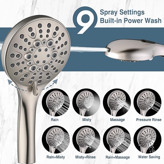 BRIGHT SHOWERS High Pressure Shower Head with Handheld, 9 Spray Settings Showerhead Built in Power Wash to Clean Tub and Pets, Extra Long 69" Hose, Adjustable Bracket, Brushed Nickel - AquaVibe