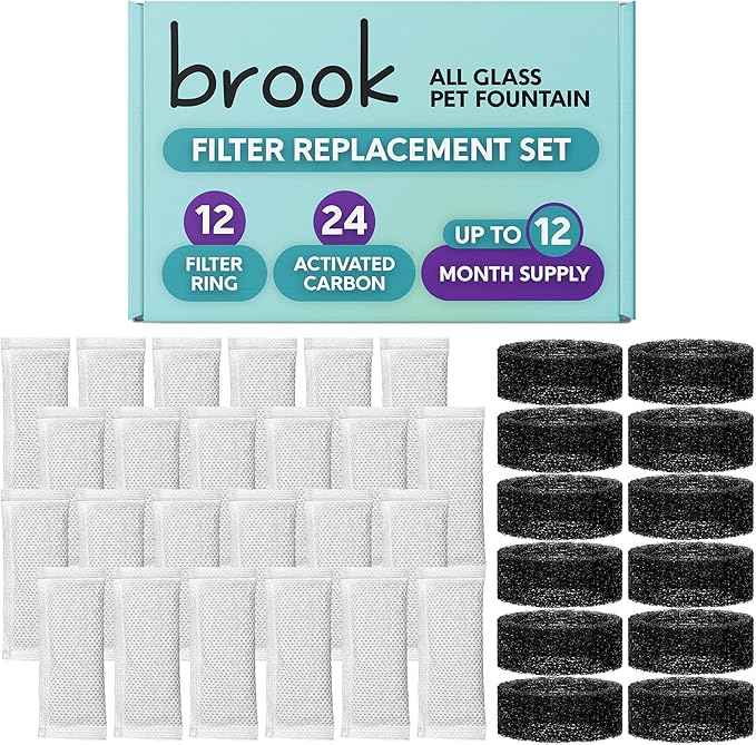 BROOK Glass Pet Fountain Filter Replacement Set – 12 Filter Rings & 24 Activated Carbon Pouches – Up to 12 Month Supply Replacement Filters Set for BROOK Cat Fountain