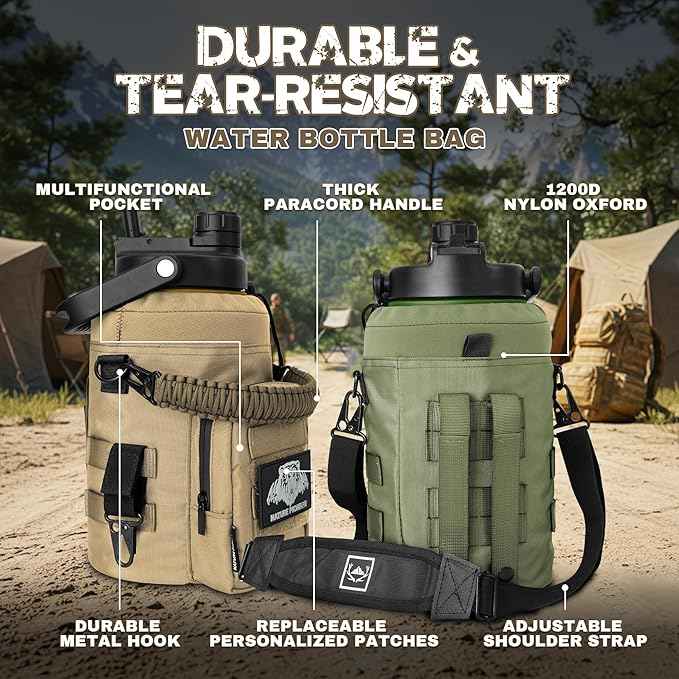 NATURE PIONEOR 1 Gallon Tactical Water Bottle Set, Stainless Steel 128 oz Sport Water Bottle with Tactical MOLLE Bottle Carrier Sleeve, for Outdoor Work, Gym, Hiking, Camping