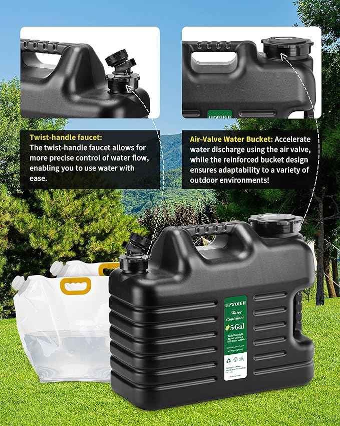 5 Gallon Water Jug(16x13.2x7in)and 2.6Gal Collapsible Water Bag Set of 2,BPA Free Water Tank Overlanding Gear Containers, Camping Essential Leak-Proof Black Portable Water Storage, Outdoors Hiking RV