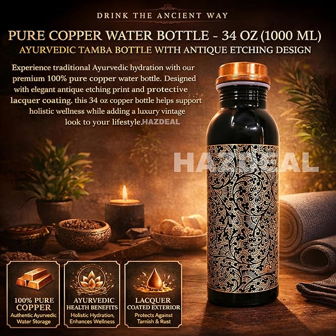 Copper Water Bottle 1 Liter – Leakproof Ayurvedic Tamba Bottle for Drinking Water, BPA-Free Copper Vessel for Health Benefits, Joint-Free Durable | |Home| Office (2 Printed Bottle)
