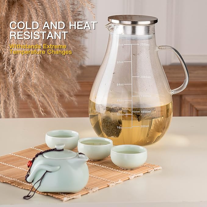 Glass Pitcher with Lid,88 Ounces -2500ml with Precise Scale Line, Hot/Cold Water Jug, Juice and Iced Tea Beverage Carafe with Lid