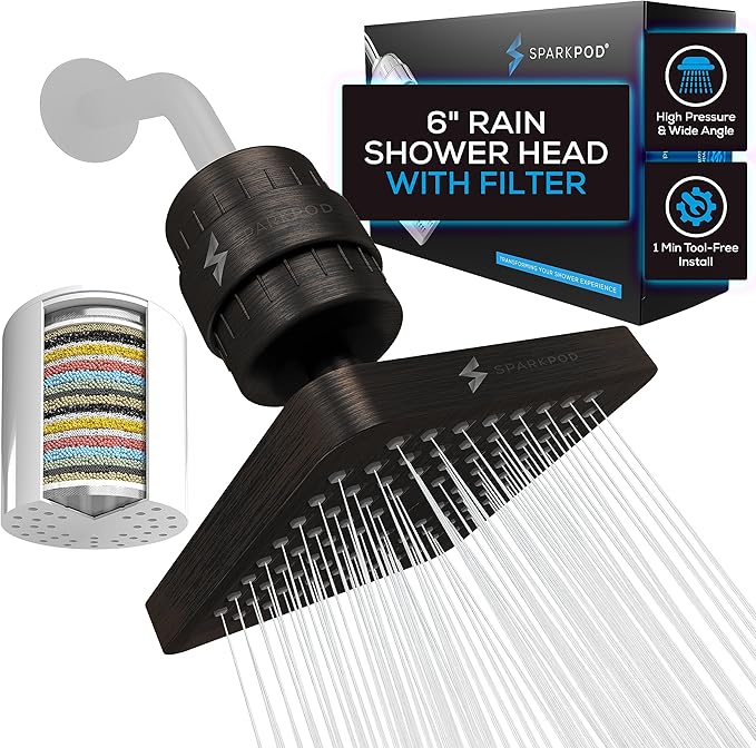 SparkPod Luxury Filtered Shower Head Set 23 Stage Shower Filter - Reduces Chlorine and Heavy Metals - High Pressure Showerhead Filter (6" Square, Vintage Oil-Rubbed Bronze)