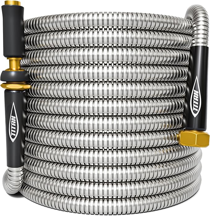 TITAN Garden Hose 100FT - 304 Stainless Steel Metal Water Hose, Flexible, Kink-Free, Lightweight, Durable, Crush Resistant Fittings, Easy to Coil, 500 PSI