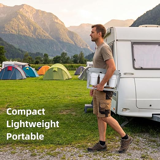 S3 Mini External 3-Stage RV Fresh Water Filter System, Compact, 5 Inch Filters, 3/4" GHT Stainless Steel Fittings, Reduce Sediment, Chlorine, Odor, All Aluminium Free-Standing Chassis, Silver