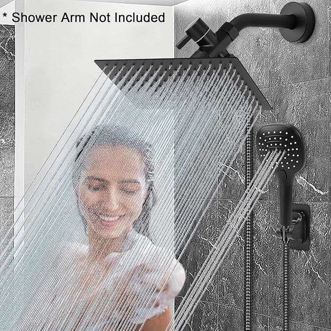 NearMoon Shower Head with Hose, High Pressure Stainless Steel Rain Shower and 3 Settings Handheld Spray Combo with Push Button Flow Control (12 Inch, Matte Black) - AquaVibe