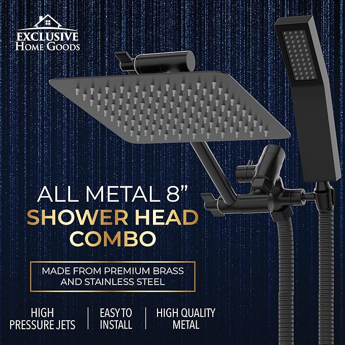 All Metal Shower Head 8" Dual Square Shower Head With Handheld Wand 71in Hose Set, High Pressure Rain Shower Heads Combo, 3-Way Diverter Rainfall Showerhead with Adjustable Extension Arm