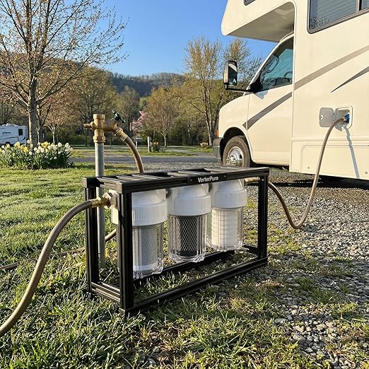 S3 Mini External 3-Stage RV Fresh Water Filter System, Compact, 5 Inch Filters, 3/4" GHT Stainless Steel Fittings, Reduce Sediment, Chlorine, Odor, All Aluminium Free-Standing Chassis, Clear