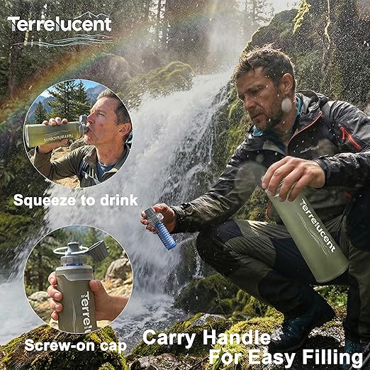 33.8 oz Collapsible Water Bottle with Filter, Squeeze Filtered Water Bottle, BPA-Free, Dual Filtration, Ultralight Water Filter System for Hiking, Camping, Backpacking (Gray, 33.8 OZ)