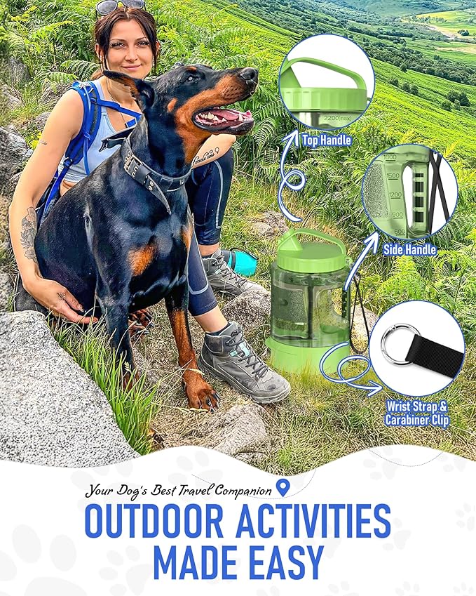 Portable Dog Travel Water Bottle, 77oz Large Portable Dog Water Bowl Dispenser, Leakproof Pet Drinking Bottle Dispenser for Hiking Camping Walking Travelling Beach Car Trips, No Spill, BPA Free,Green - AquaVibe