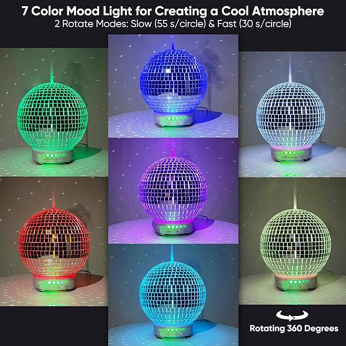 Disco Ball Diffuser Rotating - 300 ML Oil Diffuser Essential Oils, Quiet Oil Diffusers, Night Light and Timer, Disco Ball Table Decor, Plant Room Decor | Aromatherapy Diffuser for Large Room Rose Gold