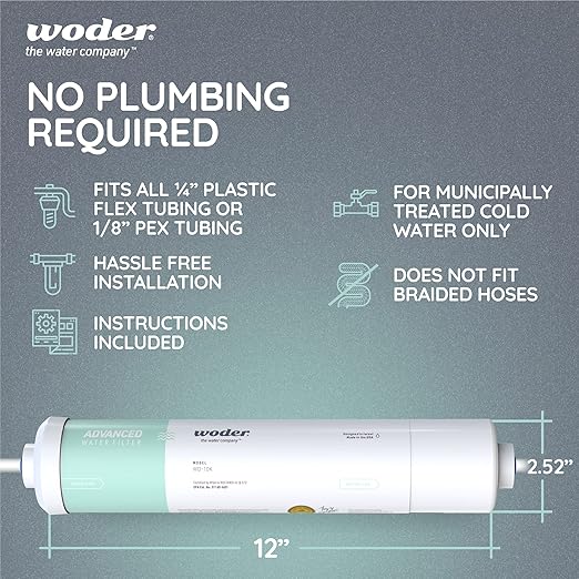 Woder WD-GEN4-2512-JG (New WD-10K-ADV-JG) Inline Water Filter w ¼” JG Fittings - WQA Certified Ultra High Capacity. USA Made. Chlorine, HM, PFAS, LEAD removal.