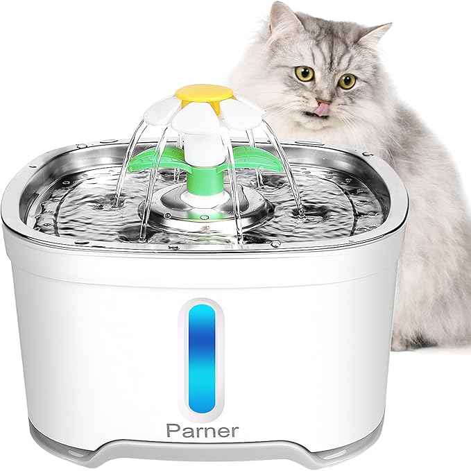Cat Water Dispenser, Parner Stainless Steel Pet Fountain Flower 2.5L Auto Cat Fountain, Quiet Cat Drinking Fountain with 4 Filters & 1 Silicone Mat & 2 Cleaning Brushes for Cat, Dog, Bird, Other Pets