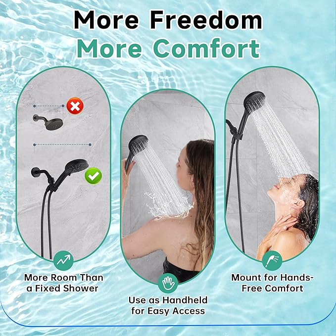 BRIGHT SHOWERS High Pressure Shower Head with Handheld, 9 Spray Settings Showerhead Built in Power Wash to Clean Tub and Pets, Extra Long 69" Hose, Adjustable Bracket, Oil-Rubbed Bronze - AquaVibe