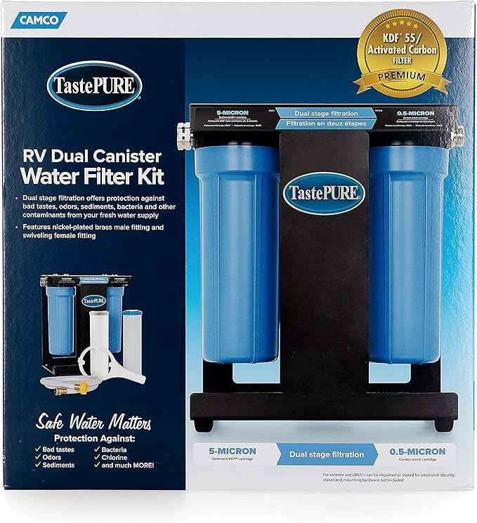 Camco EVO X2 Dual Stage Camper/RV Water Filter Kit - 2 Stage Filtration w/KDF & GAC - Filters Out Bad Taste, Odors, Lead, Bacteria & More - Replaceable Filters - (40639)