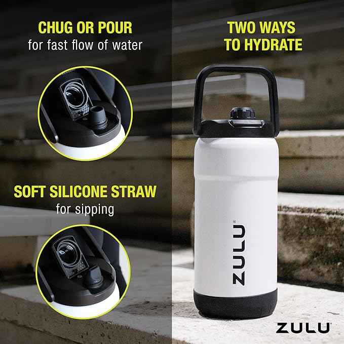 ZULU Goals Vacuum Insulated Large Capacity Stainless Steel Water Bottle | Reusable Jug Thermoses with Carry Handle | Leak-Proof Lid | Perfect for Travel, Workout, Gym, Hiking, Camping | 64oz, 101oz