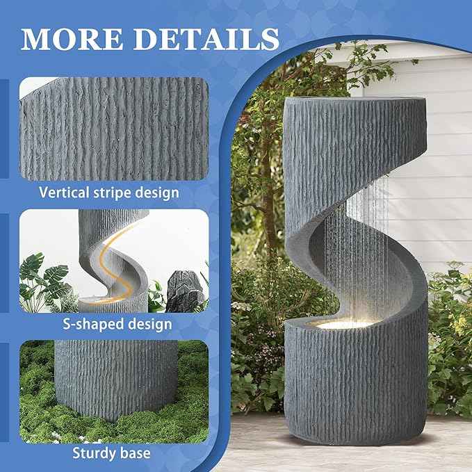 31.9" Outdoor Garden Water Fountain, S-Shaped Cascading Fountains and Waterfalls with LED Lights & Splash-Proof Net, Indoor/Outdoor Floor Standing Water Feature for Patio, Backyard, Home Decor