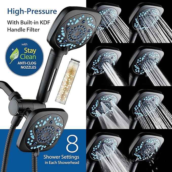 6-way High Pressure 82 Spray Mode Filtered Showerhead Combo - Handheld Shower Head Filters Chlorine to Heal Dry Skin, Revive Hair - Dual Power Wash Cleans Tub, Tile, Pets - Hard Water Softener, Black