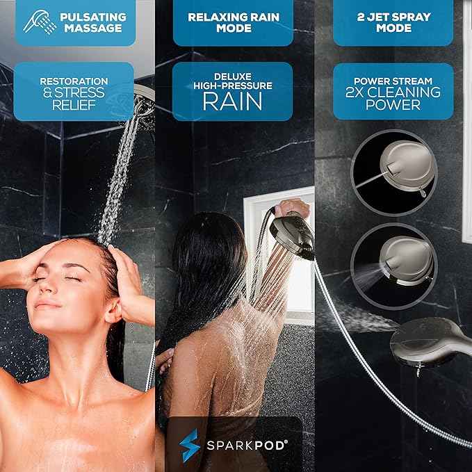 SparkPod 10-Mode Handheld Shower Head with Filter - 5" High Pressure Filtered Shower Head with Touch-to-Clean Nozzles, Built-In Power Jet, Stainless Steel 6ft Hose & Bracket (Brushed Nickel)