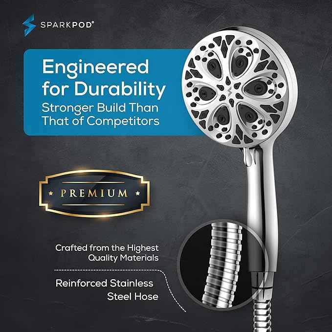 SparkPod 10-Mode Handheld Shower Head with Hose - 5" High Pressure Shower Head with Handheld Touch-to-Clean Nozzles, Built-In Power Jet, Stainless Steel 6ft Hose & Bracket (Polished Chrome)