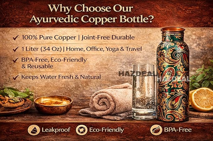 Copper Water Bottle 1 Liter – Leakproof Ayurvedic Tamba Bottle for Drinking Water, BPA-Free Copper Vessel for Health Benefits, Joint-Free Durable | |Home| Office (2 Printed Bottle)