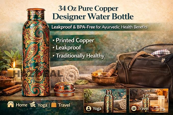 Copper Water Bottle 1 Liter – Leakproof Ayurvedic Tamba Bottle for Drinking Water, BPA-Free Copper Vessel for Health Benefits, Joint-Free Durable | |Home| Office (Printed1)