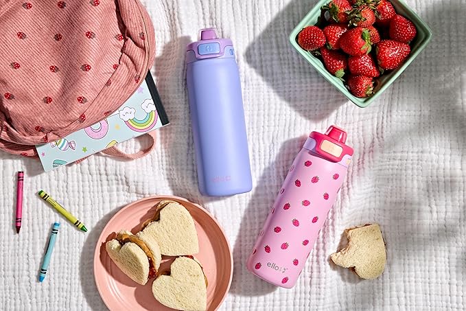 Ello Pop & Fill 18oz Stainless Steel Kids Water Bottle with Quick Fill Lid | Vacuum Insulated BPA Free Bottle with Leak Proof Straw and Chug Lid, Dishwasher Safe, Gift For Kids Teens, Lavender Fields