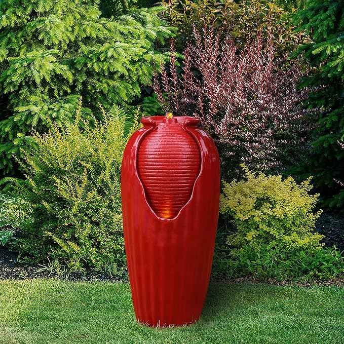 Teamson Home Glazed Vase Floor Freestanding Water Fountain with LED Lights and Pump for Outdoor Patio Backyard Deck Plant Garden Décor, 32 Inch Height, Red