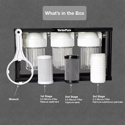 S3 Mini External 3-Stage RV Fresh Water Filter System, Compact, 5 Inch Filters, 3/4" GHT Stainless Steel Fittings, Reduce Sediment, Chlorine, Odor, All Aluminium Free-Standing Chassis, Clear