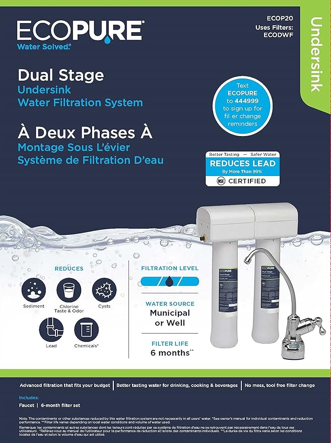 EcoPure ECODWF Dual Stage Water Filter Replacement Set – Fits ECOP20 Under Sink System – NSF-Certified – Reduces Lead, Chlorine, Cysts & More – 6-Month Life – Easy, Mess-Free Changes