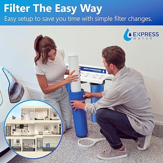 Whole House Water Filter System| IRON & MANGANESE | 3 Stage Water Purifier Whole Home, Top-Tier Iron & Mang. Filter Targets Stains/Color on Glass-Ware, Fixtures, Laundry, Signf. Reduces Lead & Arsenic