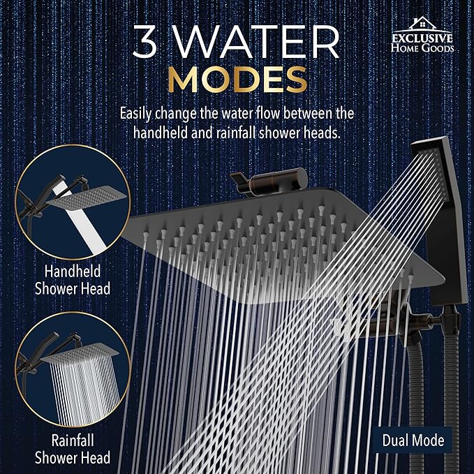 All Metal Shower Head 8" Dual Square Shower Head With Handheld Wand 71in Hose Set, High Pressure Rain Shower Heads Combo, 3-Way Diverter Rainfall Showerhead with Adjustable Extension Arm