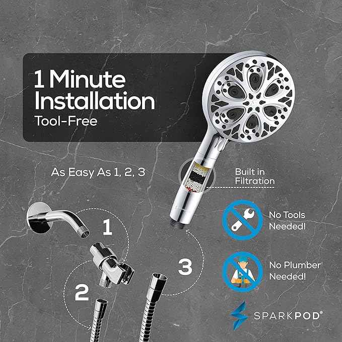 SparkPod 10-Mode Handheld Shower Head with Filter - 5" High Pressure Filtered Shower Head with Touch-to-Clean Nozzles, Built-In Power Jet, Stainless Steel 6ft Hose & Bracket (Polished Chrome)
