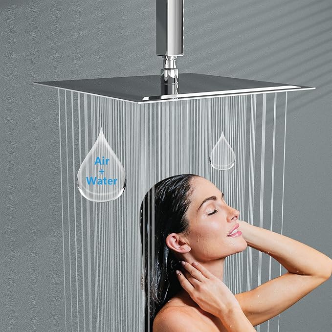 Lordear 16 Inch Rainfall Shower Head Solid Square Ultra Thin 304 Stainless Steel Polish Chrome Rain Shower Head Waterfall Full Body Coverage with Silicone Nozzle
