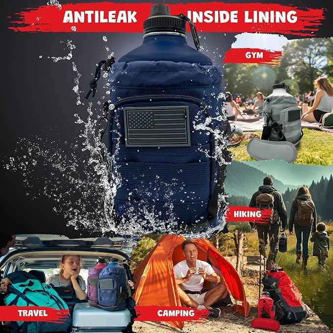 1 Gallon Water Bottle - 128 Oz Insulated Stainless Steel Metal Water Bottle with Holder - Carrying Bag - Spout Handle - Straw Lids - Keep Cold & Hot - Blue Tactical Flask