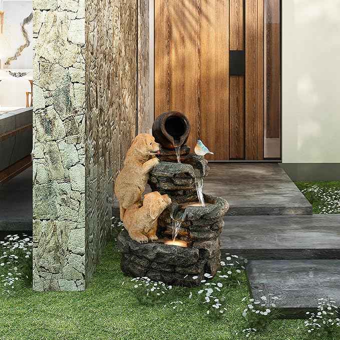 LuxenHome Outdoor Water Fountain, 26 Inch Puppy and Rock Resin Water Fountains Indoor with LED Lights, Farmhouse Waterfall Outdoor, Indoor Fountains and Waterfalls for Patio, Garden Decor