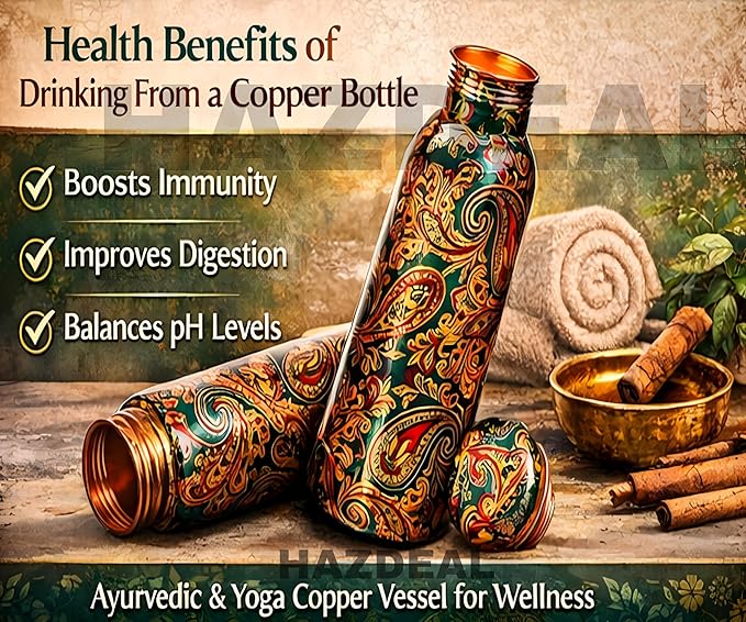 Copper Water Bottle 1 Liter – Leakproof Ayurvedic Tamba Bottle for Drinking Water, BPA-Free Copper Vessel for Health Benefits, Joint-Free Durable | |Home| Office (Printed1)