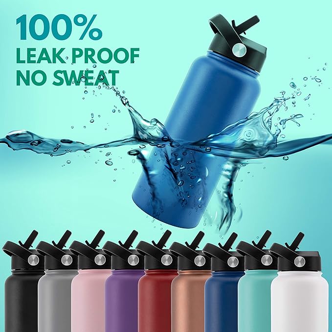Amazing Items Personalized Water Bottle w/Straw & Lid, 24 oz - Navy Blue | Custom Stainless Steel Sports Water Bottle w/Name and Text - Double-Wall, Vacuum Insulated - Rotating Handle
