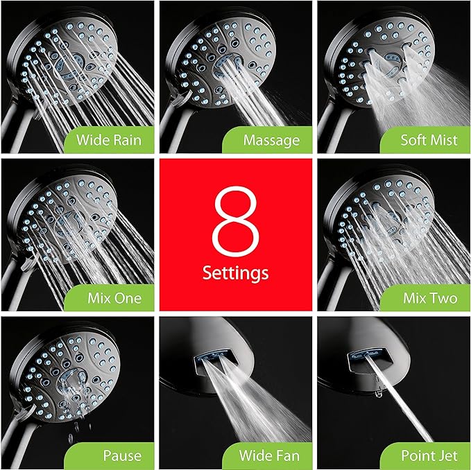 Hotel Spa AquaCare As-Seen-On-TV High Pressure Handheld & Rain 50-mode 3-way Shower Head Combo with Anti-clog Jets, 2-mode Tub & Pet Power Wash, Extra Wall Bracket, 6 ft. Hose, Matte Black