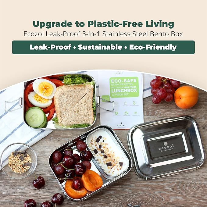 ecozoi Leak Proof Stainless Steel Lunch Box, 3-in-1 Eco Bento Box | Redesigned Silicone Seal + Bonus Lunch Pod | Sustainable Tiffin Eco Friendly Metal Bento Box Food Storage Containers