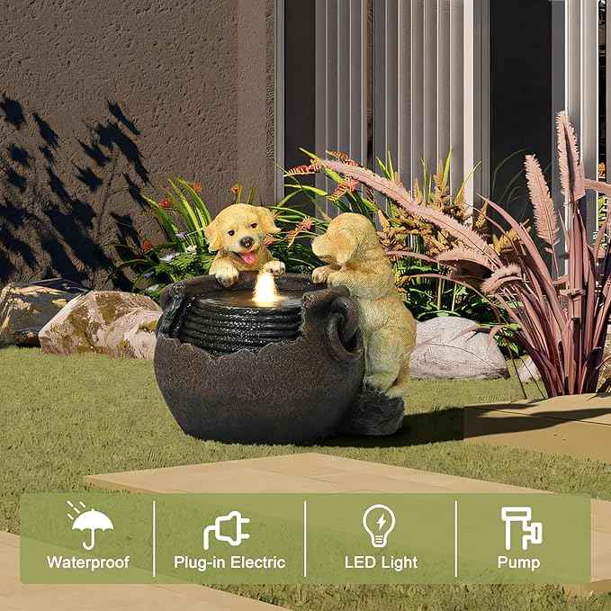LuxenHome Outdoor Water Fountain, 16 Inch Adorable Puppies Resin Water Fountains Indoor with LED Lights, Farmhouse Waterfall Outdoor, Indoor Fountains and Waterfalls for Patio, Garden Decor